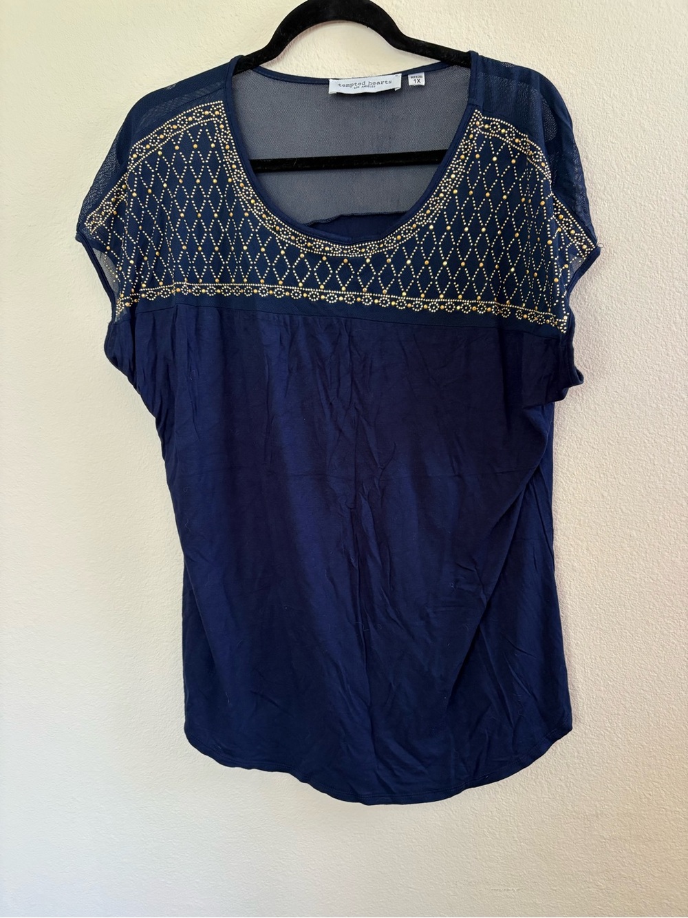 Tempted Hearts Navy Short Sleeve Top with Gold Bead Detail
